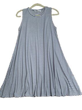 Cleo Blu Sz M A-Line Striped Swing Dress Round Neck Sleeveless Stretch Jersey